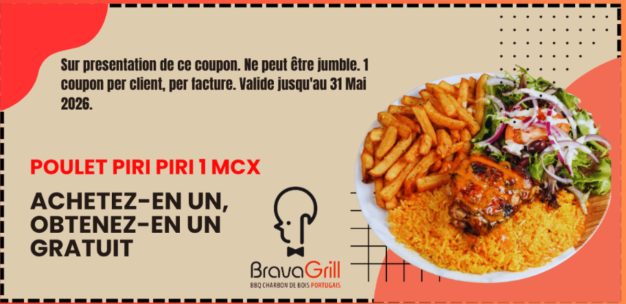 Coupon: Poulet Piri Piri 1 pièce, achetez-en un, obtenez-en un gratuit. Valide jusqu'au 31 mai 2026.