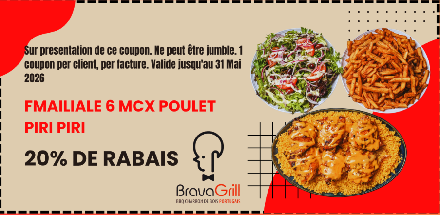 Coupon: Repas familial 6 morceaux poulet Piri Piri, 20 % de rabais. Valide jusqu'au 31 mai 2026.